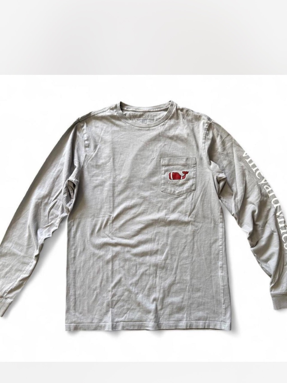 Vineyard Vines Light Gray Long Sleeve Pocket Tee with Red Whale Logo